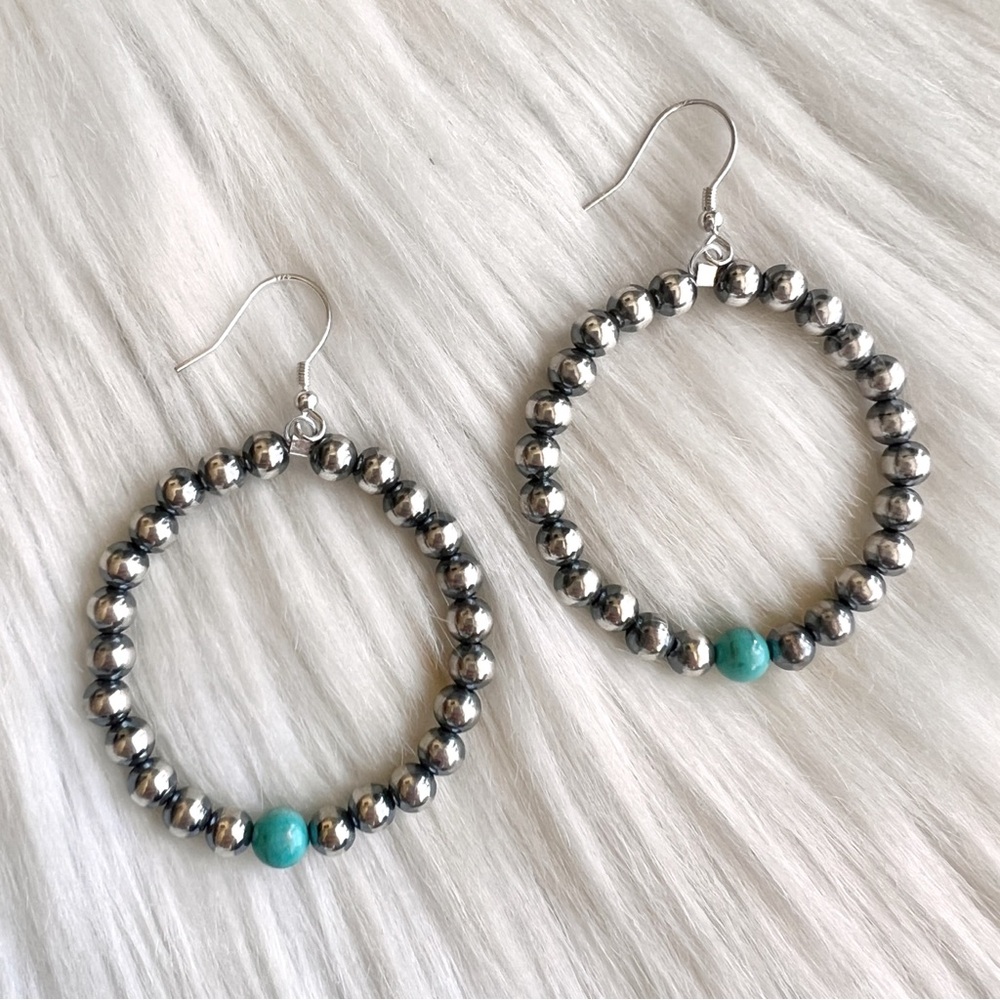 ✨ NWT Sterling Silver Turquoise Desert Pearl Beaded Hook Hoop Earrings – 925 ✨